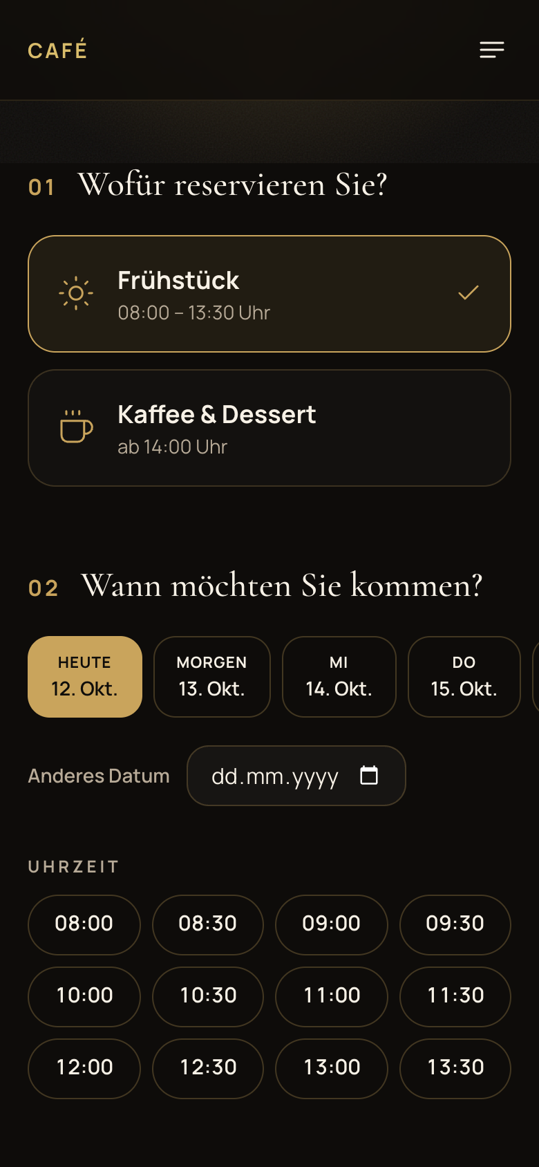 Reservierung am Handy: Anlass, Tag, Datum und Uhrzeit wählen