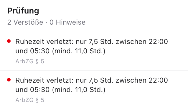 Dienstplan: Die Prüfung meldet „Ruhezeit verletzt“ und nennt den Paragrafen aus dem Arbeitszeitgesetz