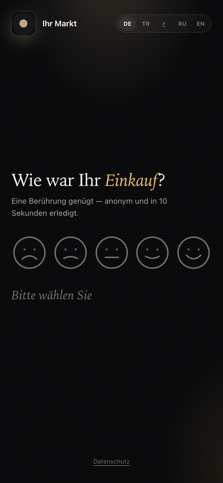 Feedback per QR-Code am Handy, erster Schritt: fünf Gesichter zur Bewertung des Einkaufs
