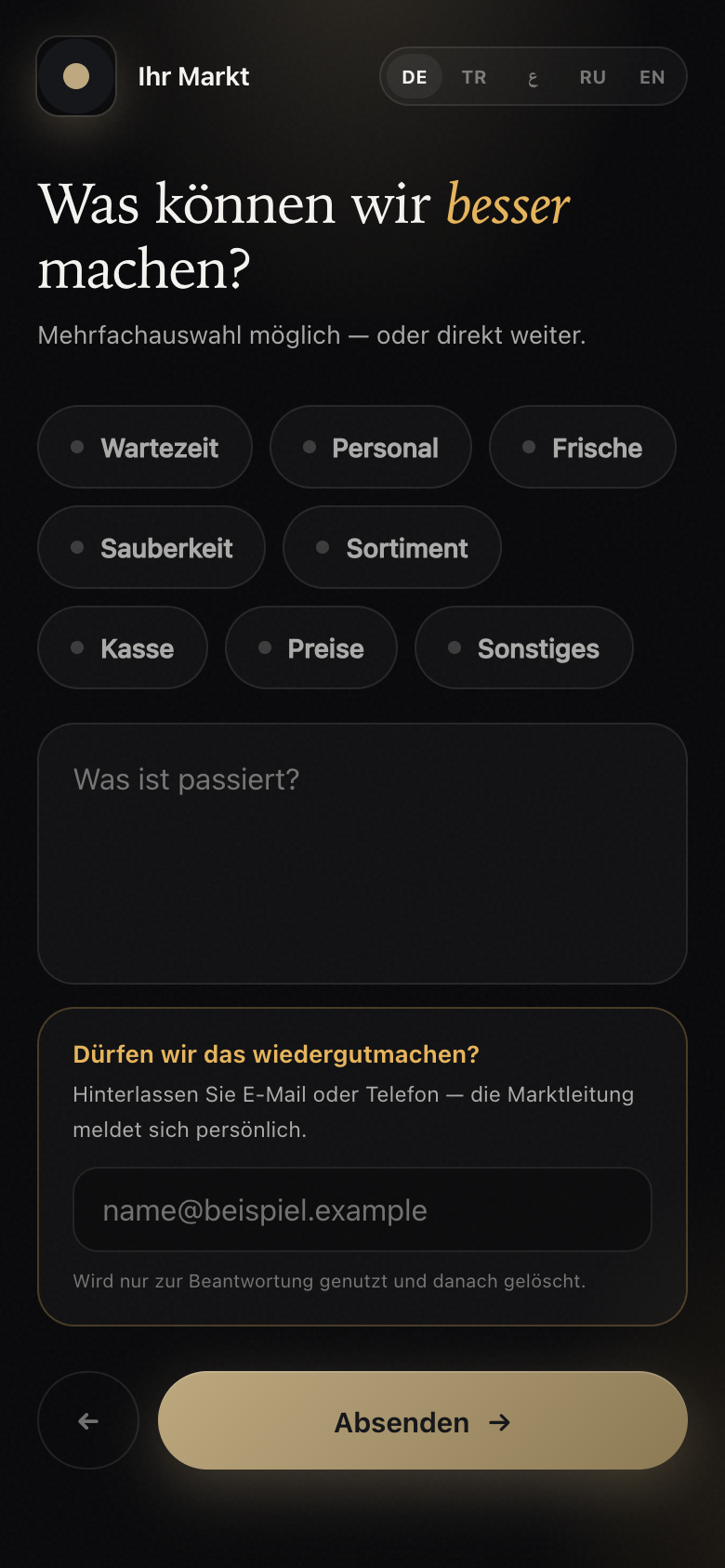 Feedback per QR-Code am Handy: Frage „Was können wir besser machen?“ mit Bereichen wie Wartezeit, Personal und Frische und einem Feld für den Kommentar