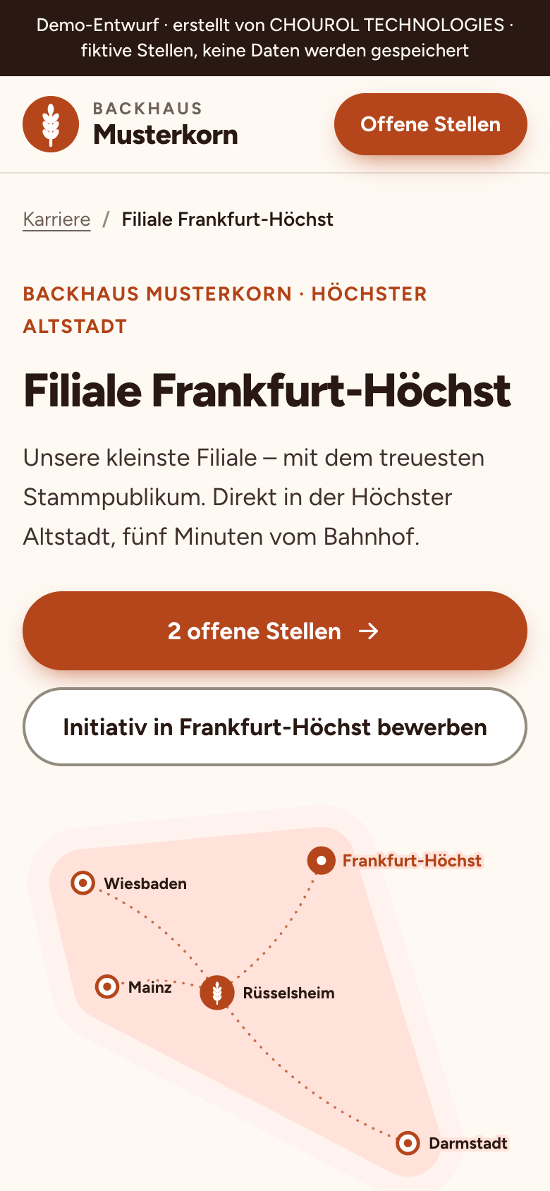 Karriereseite am Handy: Filialseite einer erfundenen Bäckerei mit offenen Stellen und dem Knopf für eine Initiativbewerbung