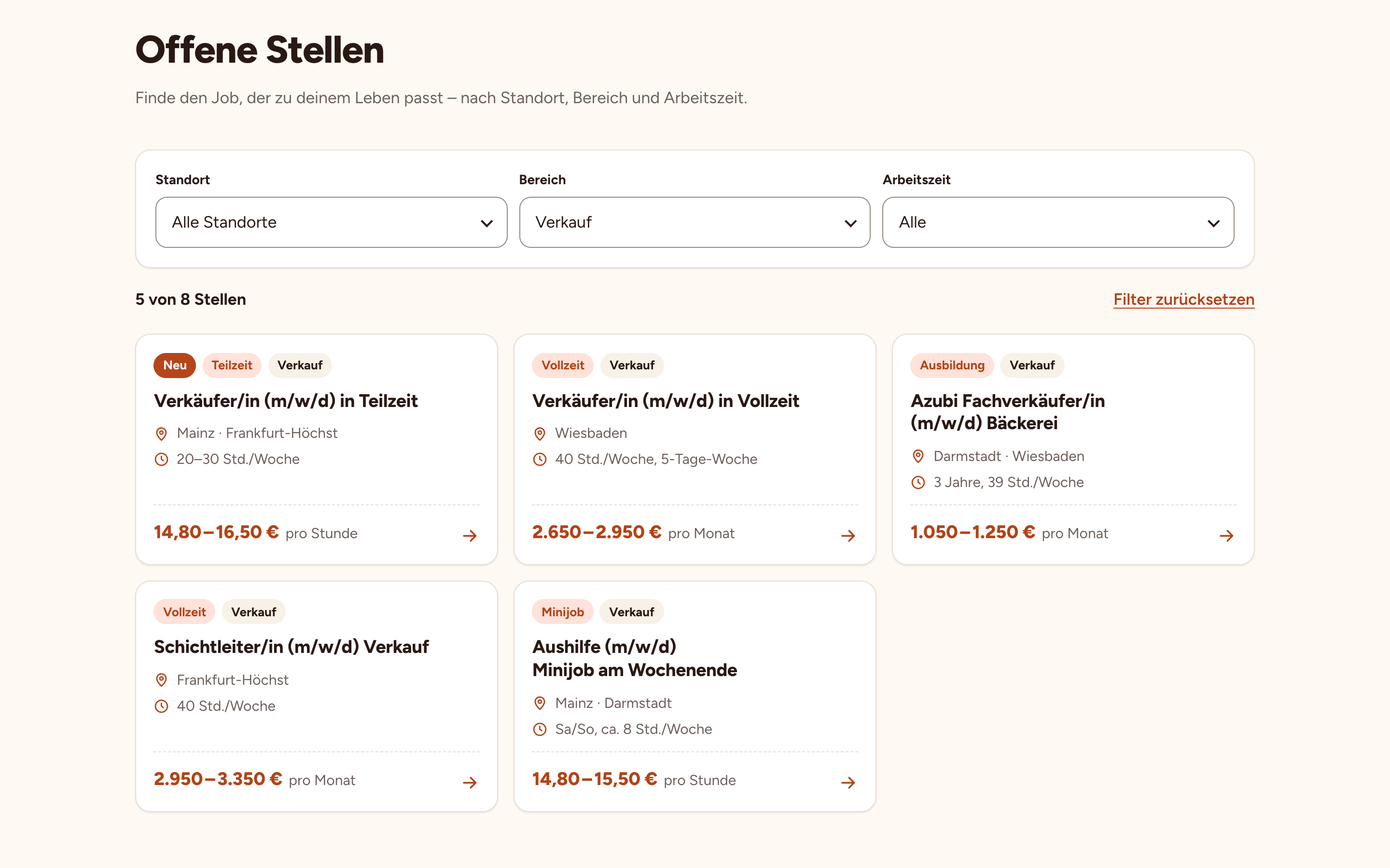 Stellenliste einer Karriereseite mit Filter nach Bereich, erfundene Firma
