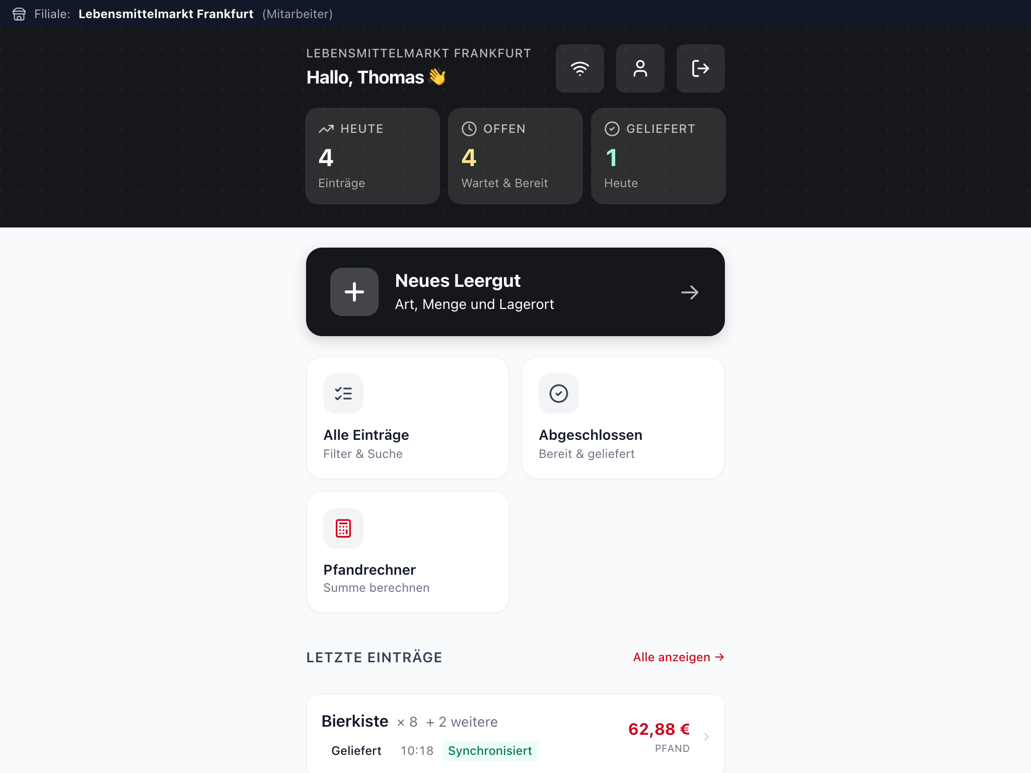 Leergut Digital am Tablet: Dashboard mit den Kacheln Heute, Offen und Geliefert und den letzten Einträgen