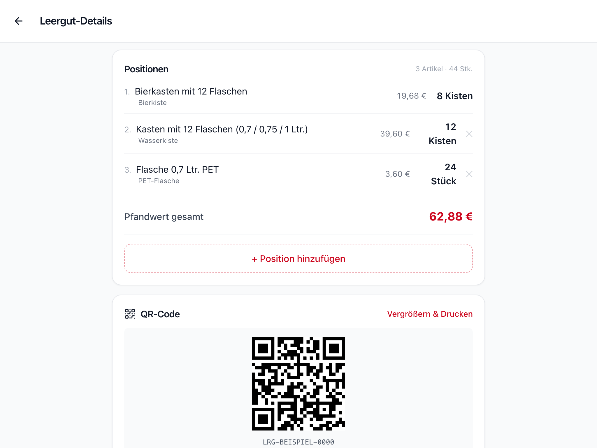 Leergut Digital am Tablet: ein Eintrag mit Positionen, Pfandwert gesamt und QR-Code