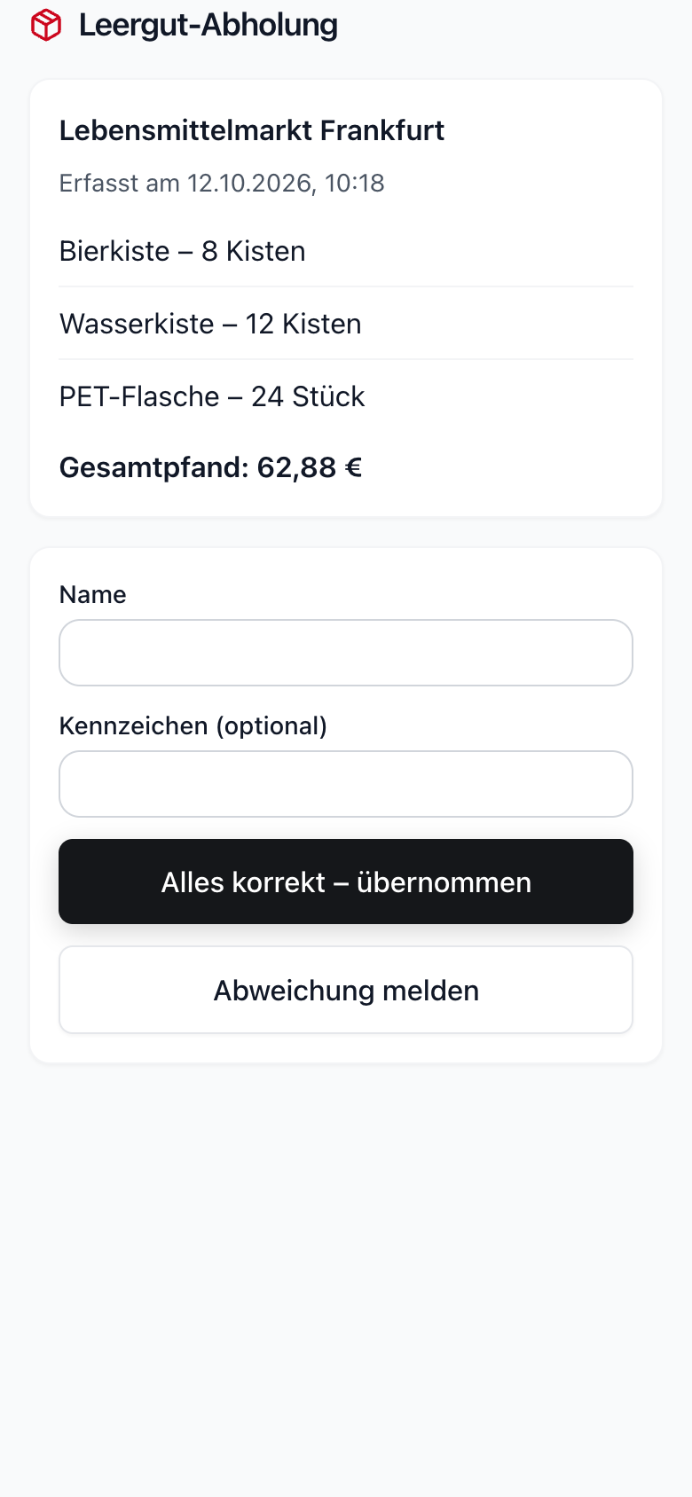 Fahrer-Link am Handy: Positionen, Gesamtpfand in Euro und der Knopf „Alles korrekt – übernommen“