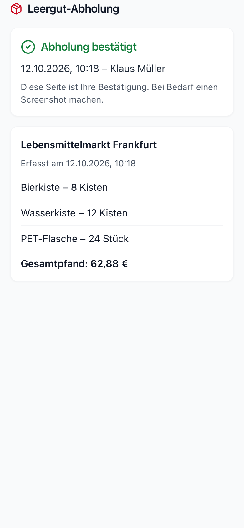 Fahrer-Link am Handy nach der Bestätigung: Abholung bestätigt, Positionen und Gesamtpfand