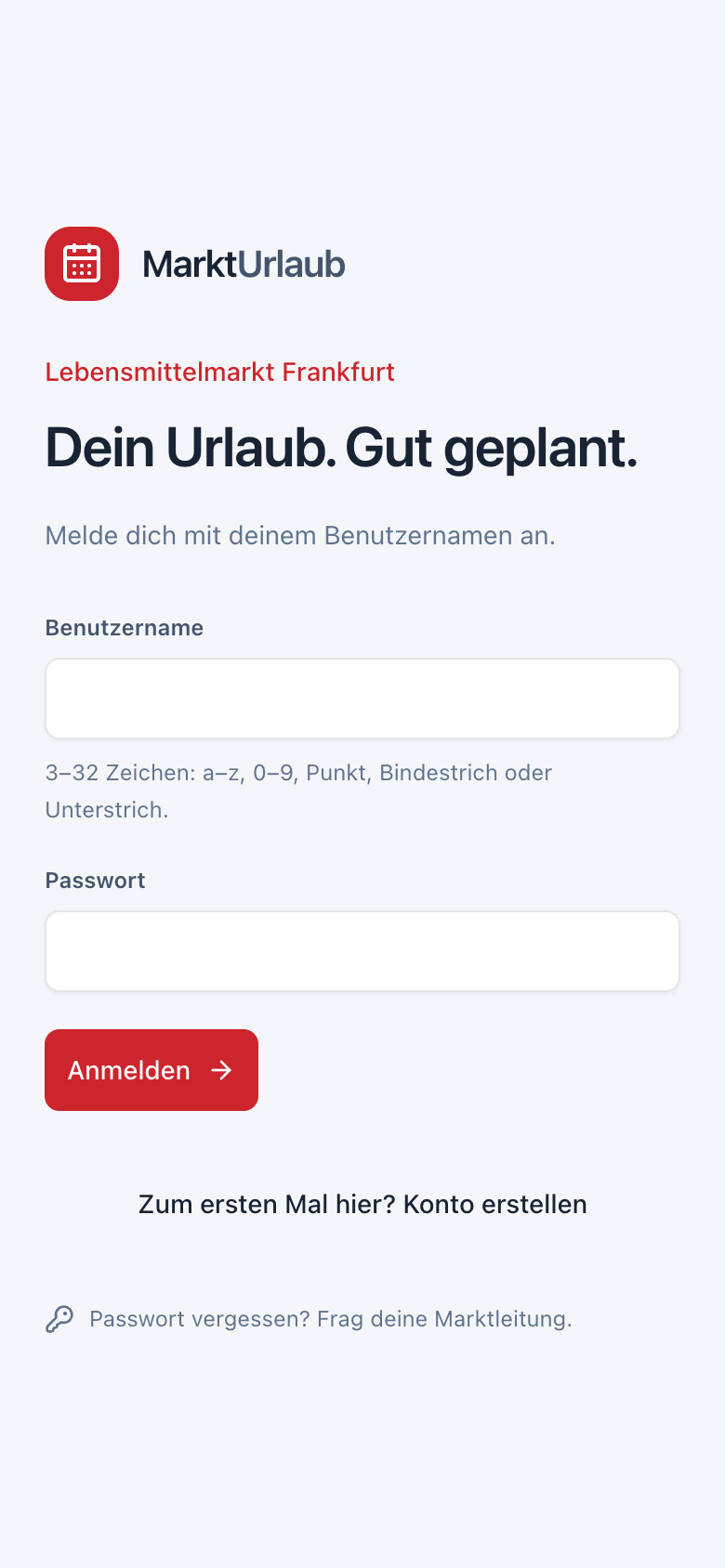 MarktUrlaub am Handy: Anmeldeseite mit Benutzername und Passwort