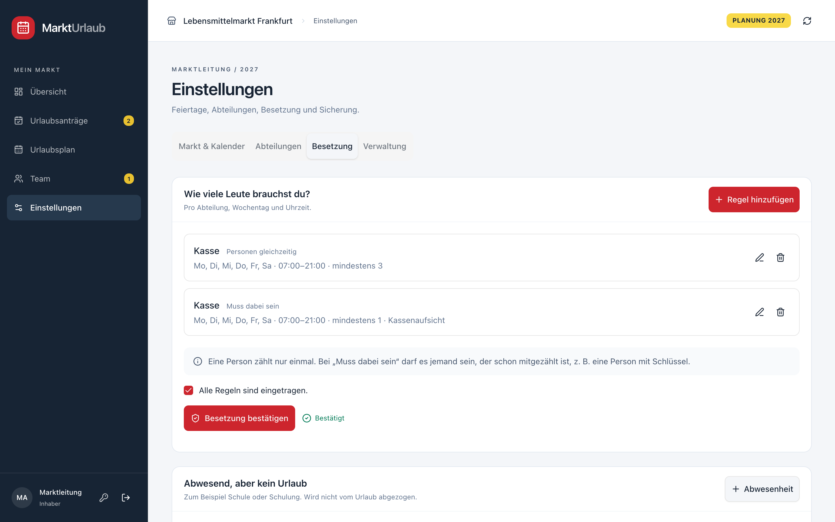 MarktUrlaub am PC: Einstellungen, Reiter Besetzung mit zwei Regeln für die Kasse